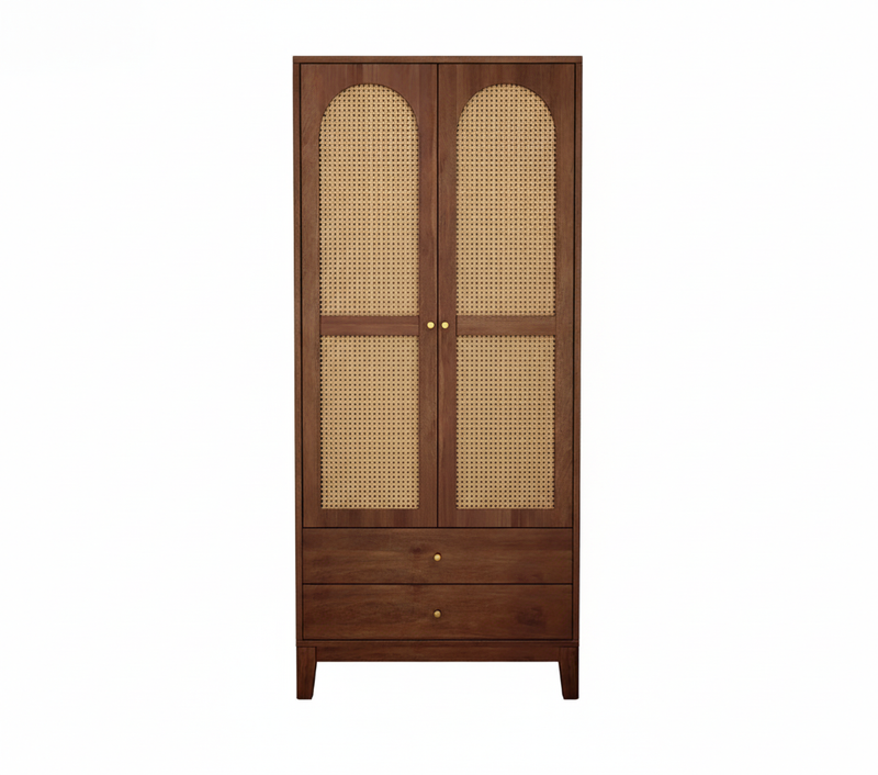 Suryavanshi Sheesham Wood Wardrobe with Cane & Brass Accent (Teak Finish)