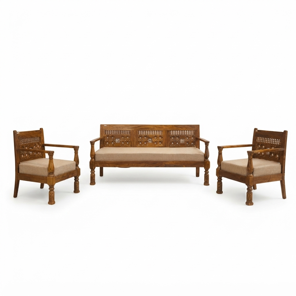 Suryavanshi Sheesham Wood Brass 5 Seater Sofa Set: Exquisite Craftsmanship and Comfort in One 3+1+1