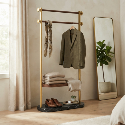 Verona - Metal & Mengo Wood Garment Rack with Marble Base and Wooden Shelf