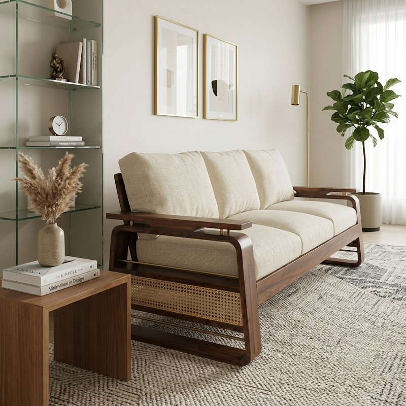 Suryavanshi Sheesham Wood Sofa Set with Handwoven Jute Fabric