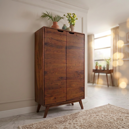 Sheesham Wood Storage Cabinet with Double Doors with six shelves inside in Honey Finish