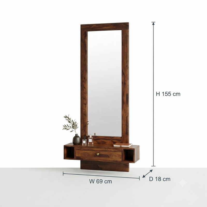Solid Wood Wall-Mounted Dressing Mirror with Drawer & Side Storage