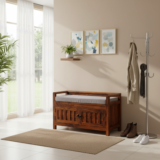 Suryavanshi Sheesham Wood Seating Shoe Rack – Stylish Entryway Organization