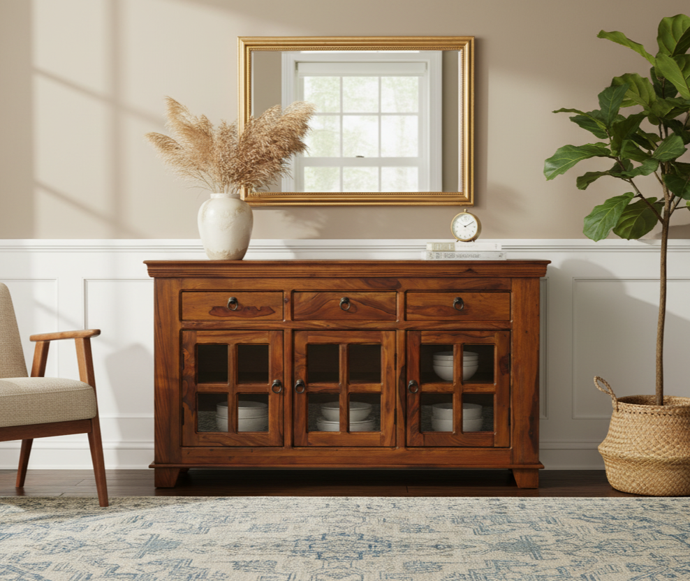 Suryavanshi Sheesham Wood 3 Glass Door & 3-Drawer Sideboard, for Living Room