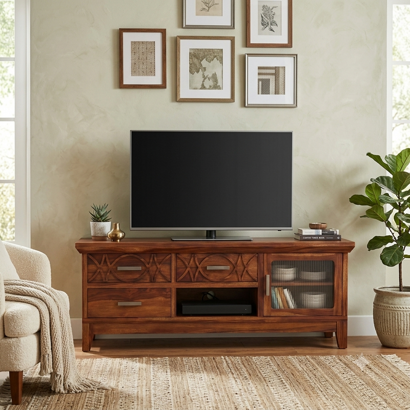 Hudson Sheesham Solid Wood TV Unit for Living Rooms & Bedroom - Honey Finish
