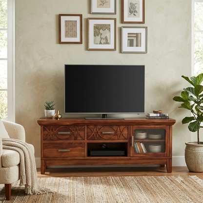 Hudson Sheesham Solid Wood TV Unit for Living Rooms & Bedroom - Honey Finish