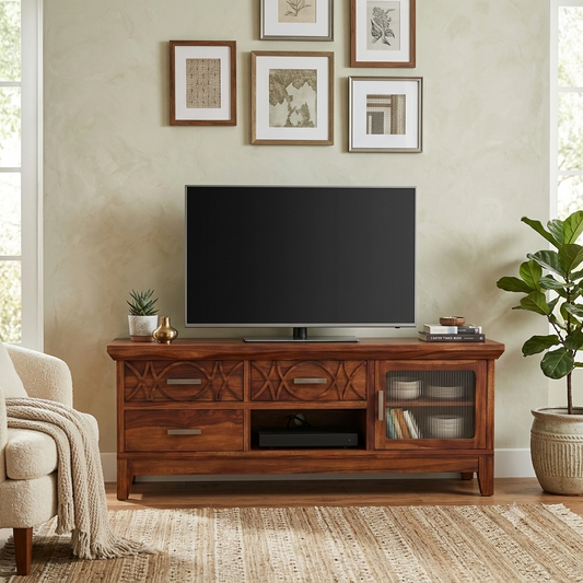 Hudson Sheesham Solid Wood TV Unit for Living Rooms & Bedroom - Honey Finish
