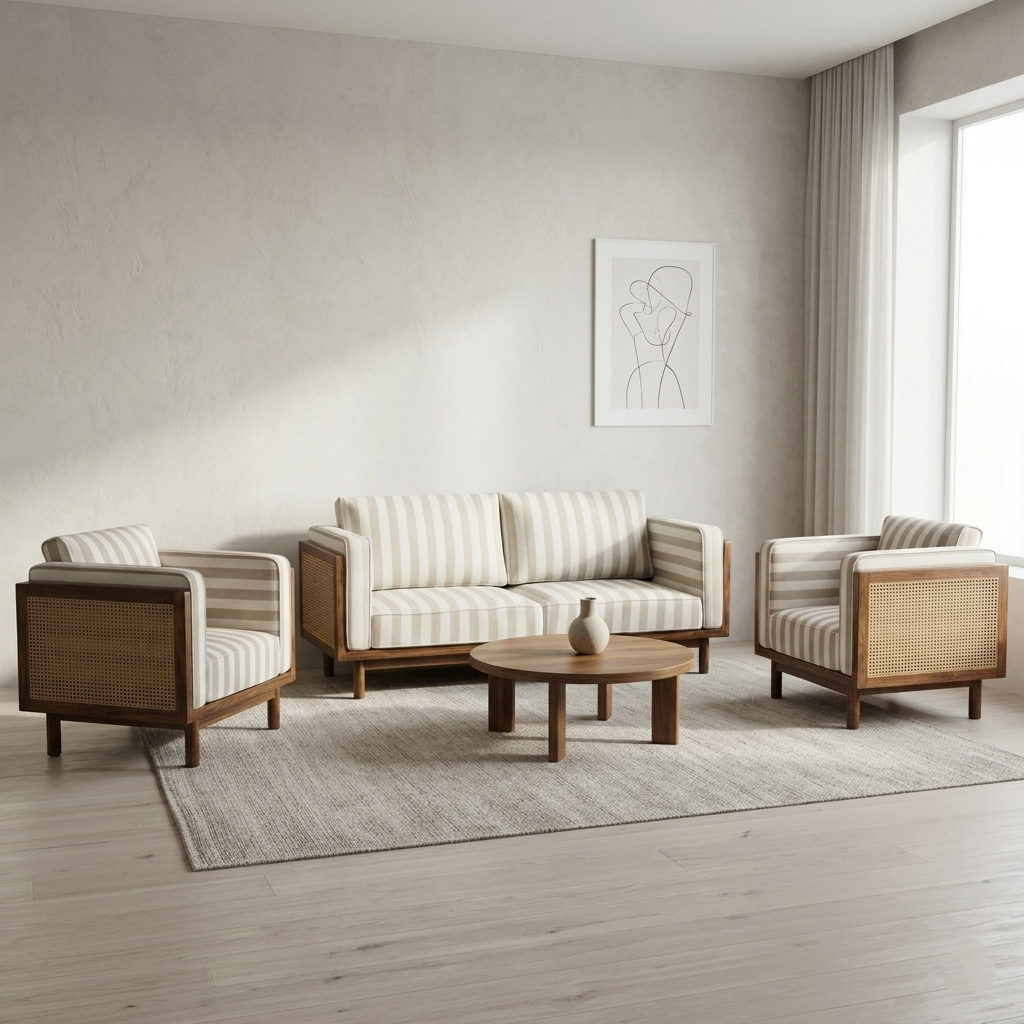 Linen Haze Striped Sofa Sheesham Wood 3 -Seater Sofa with Handwoven Cane Panel - Honey Finish