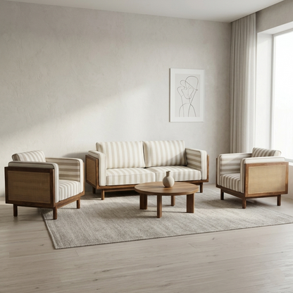 Linen Haze Striped Sofa Sheesham Wood 3 -Seater Sofa with Handwoven Cane Panel - Honey Finish