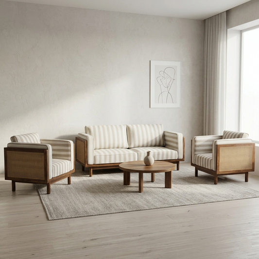 Linen Haze Striped Sofa Sheesham Wood 3 -Seater Sofa with Handwoven Cane Panel - Honey Finish
