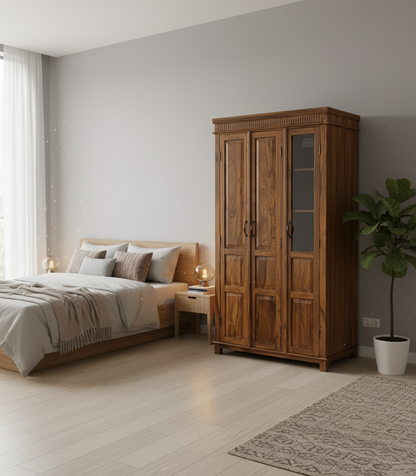 Uniq Sheesham Wood 3 Door Wardrobe with Mirror & Drawers for Bedroom – Natural Honey Finish