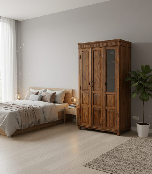 Uniq Sheesham Wood 3 Door Wardrobe with Mirror & Drawers for Bedroom – Natural Honey Finish