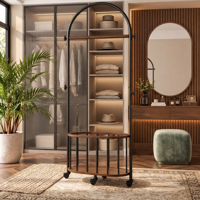 Avior - Modern Arched Frame Garment Rolling Rack with Shelves & Wheels – Freestanding Clothes Organizer