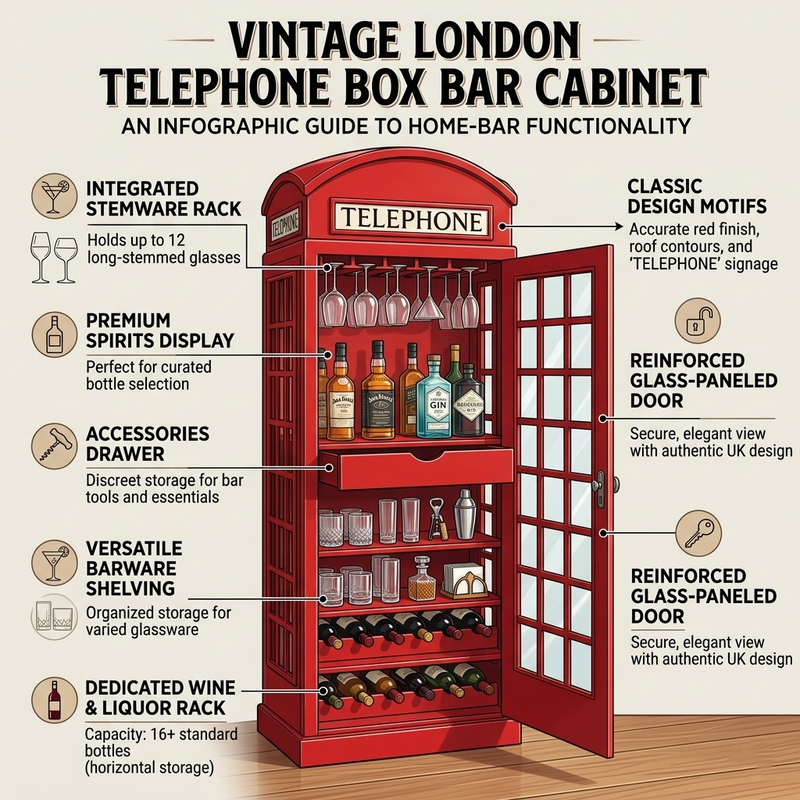 Giles British Telephone Booth Style Bar Cabinet in Red with Glass Door
