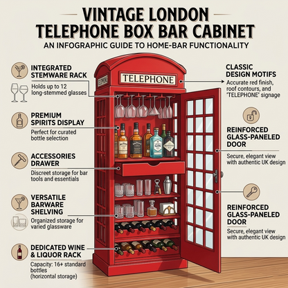 Giles British Telephone Booth Style Bar Cabinet in Red with Glass Door