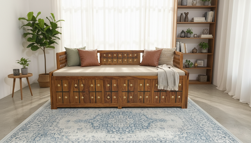 Suryavanshi Sheesham Wood Diwan Bed with Box Storage – Brass Work (W188 x D97 x H59 cm)