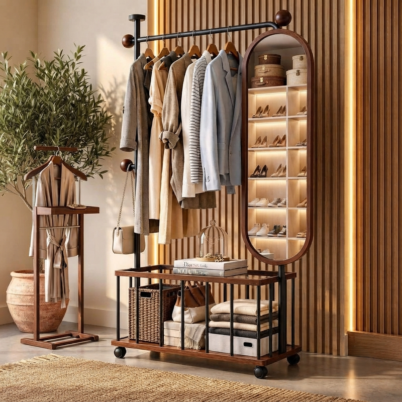 Orion - Modern Rolling Garment Rack with Full-Length Oval Mirror, Hanging Rail