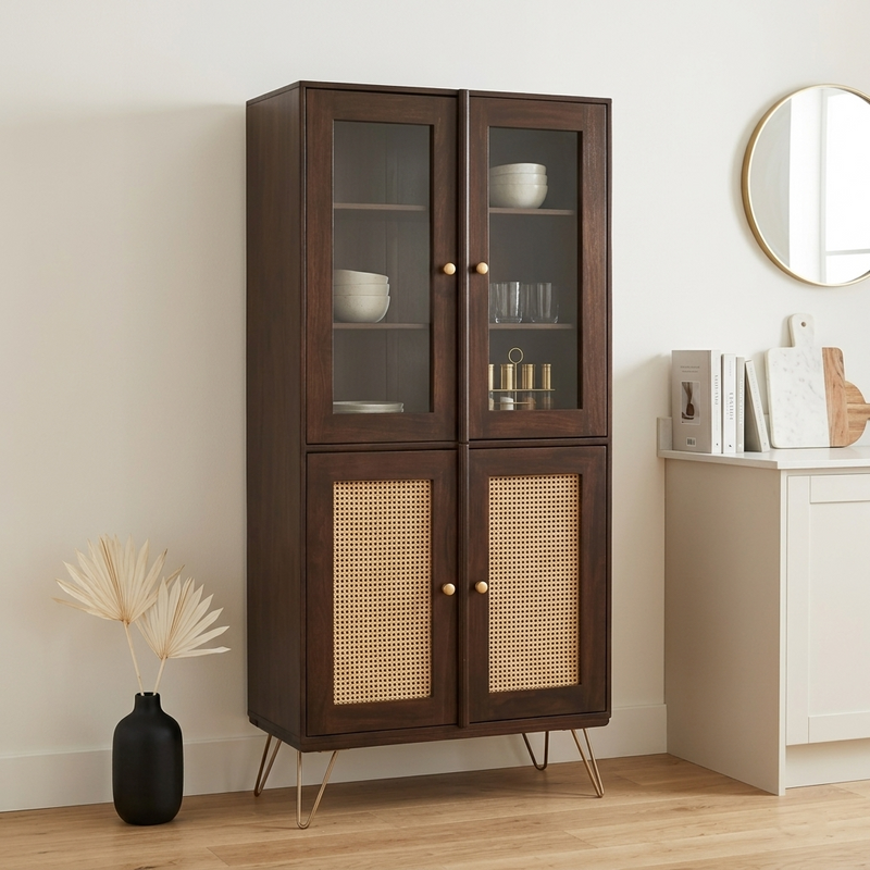 Nay-7 Sheesham Wood 4 Door Soft Closed Shelves Storage Kitchen Cabinet