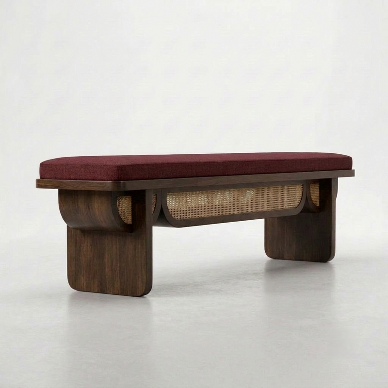 Sheesham Wood Designer Cane Bench with Maroon Upholstered Seat