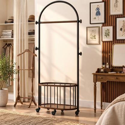 Hamilton - Modern Rolling Garment Rack with Wooden Storage Basket – Metal Clothes Organizer