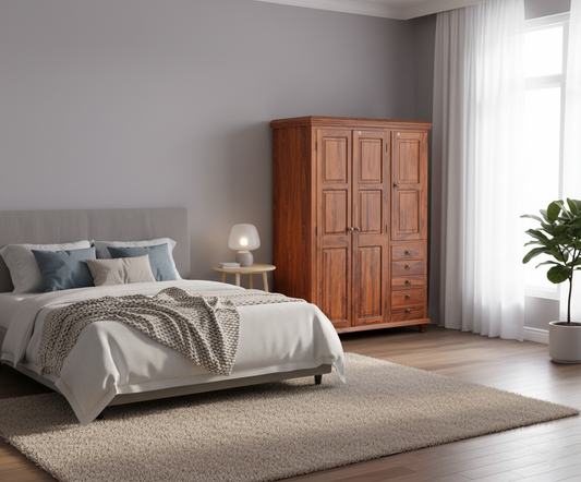 Suryavanshi Sheesham Wood 3-Door, 5-Drawers Wardrobe (W135 x D55 x H196 cm)