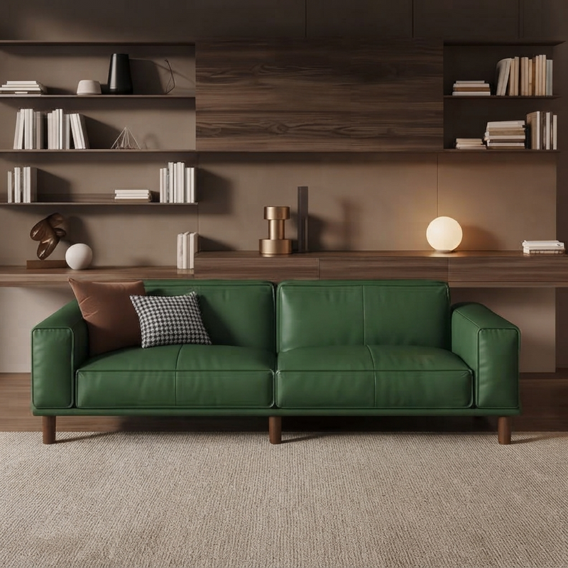 Emerald Luxe Pu Leather Olive Green Sofa – Modern Couch with Solid Wood