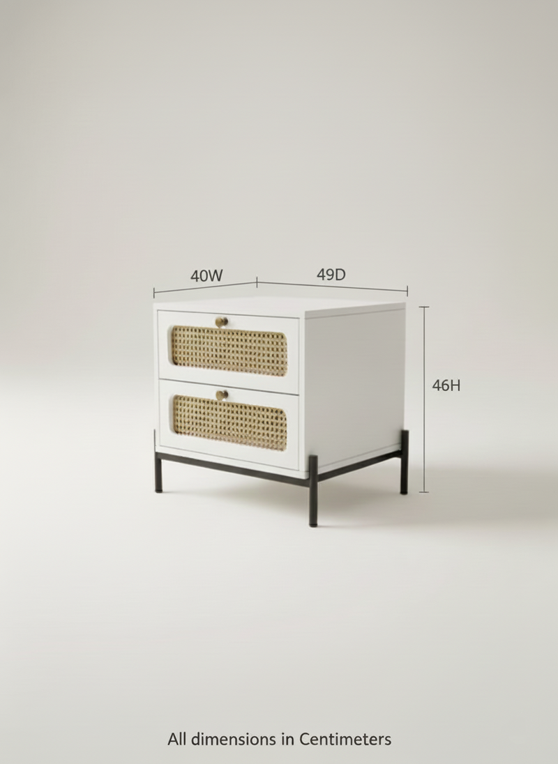 Suryavanshi Sheesham Wood Bedside Table with Cane Drawer Fronts & Metal Legs – 2 Drawer Nightstand for Bedroom (Natural Finish)