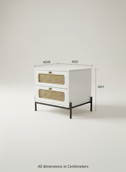 Suryavanshi Sheesham Wood Bedside Table with Cane Drawer Fronts & Metal Legs – 2 Drawer Nightstand for Bedroom (Natural Finish)