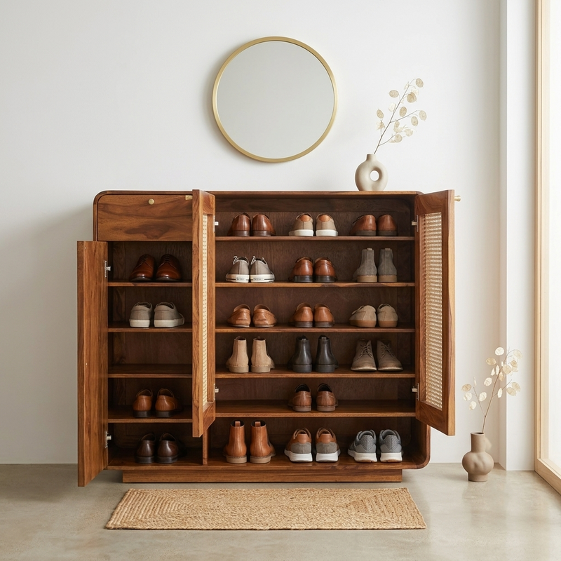Grisa Sheesham Wood Shoe Cabinet With Cane Detailing