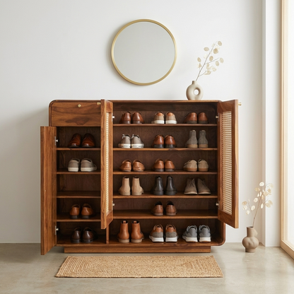 Grisa Sheesham Wood Shoe Cabinet With Cane Detailing