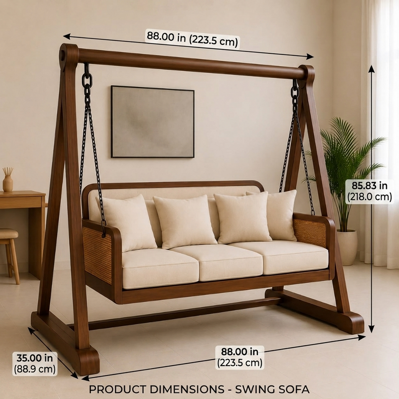 Vista Solid Wood Indoor Swing Sofa with Stand | Cushioned 3-Seater Hanging Swing