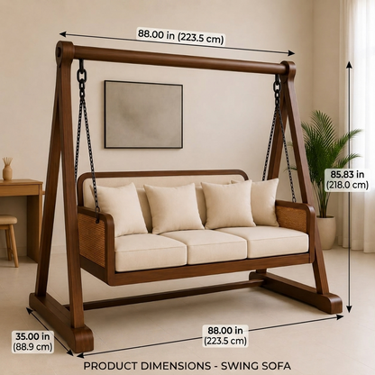 Vista Solid Wood Indoor Swing Sofa with Stand | Cushioned 3-Seater Hanging Swing