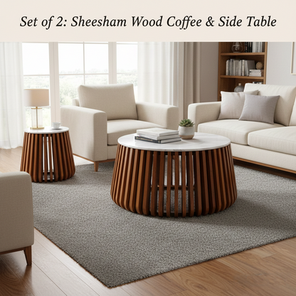 Sheesham Wood Coffee and Side Table Set with White Natural Marble Top, Set of 2