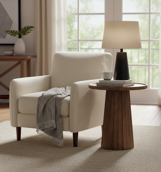 ORACLE RD Mango Wood Side Table – Flat Walnut Finish | Modern Round End Table for Living Room