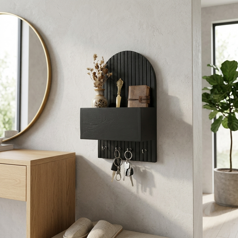 Suryavanshi Mango Wooden Wall Mounted Key Holder with Storage Shelf & 4 Key Hooks