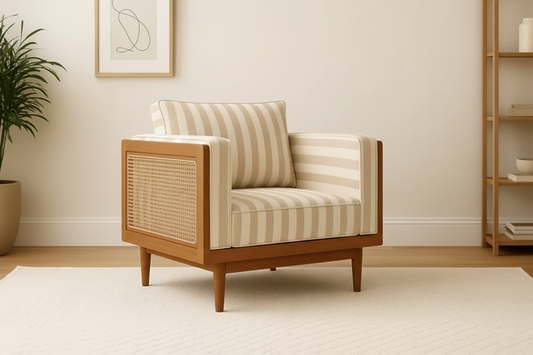 Suryavanshi Solid Sheesham Wood 1 -Seater Sofa with Handwoven Cane Panel & Striped Fabric- Honey Finish
