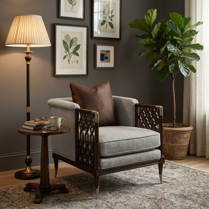 Modern Accent Armchair with Upholstered Cushion Seat, Solid Wood Frame, Decorative Lattice Arms & Throw Pillow