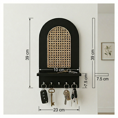 Suryavanshi Wooden Wall Mounted Key Holder with Shelf | Rattan Cane Design Key Organizer