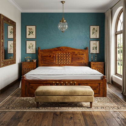Bakhra Sheesham Wood King Size Bed with Brass Work – Handcrafted Solid Wood Bed - 6*6.5 Foot