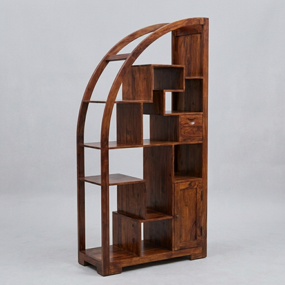 Suryavanshi Sheesham Wood Book Rack – 1 Door, 1 Drawer, Half Round Shape (Semicurcular, W90 D40 H180 cm)