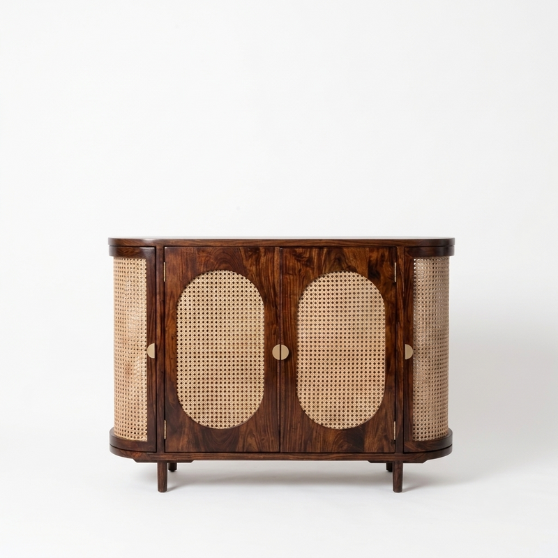 Westwood Arched Cane & Sheesham Wood Sideboard Cabinet – Mid-Century Modern Designer Storage Console