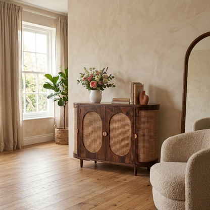 Westwood Arched Cane & Sheesham Wood Sideboard Cabinet – Mid-Century Modern Designer Storage Console