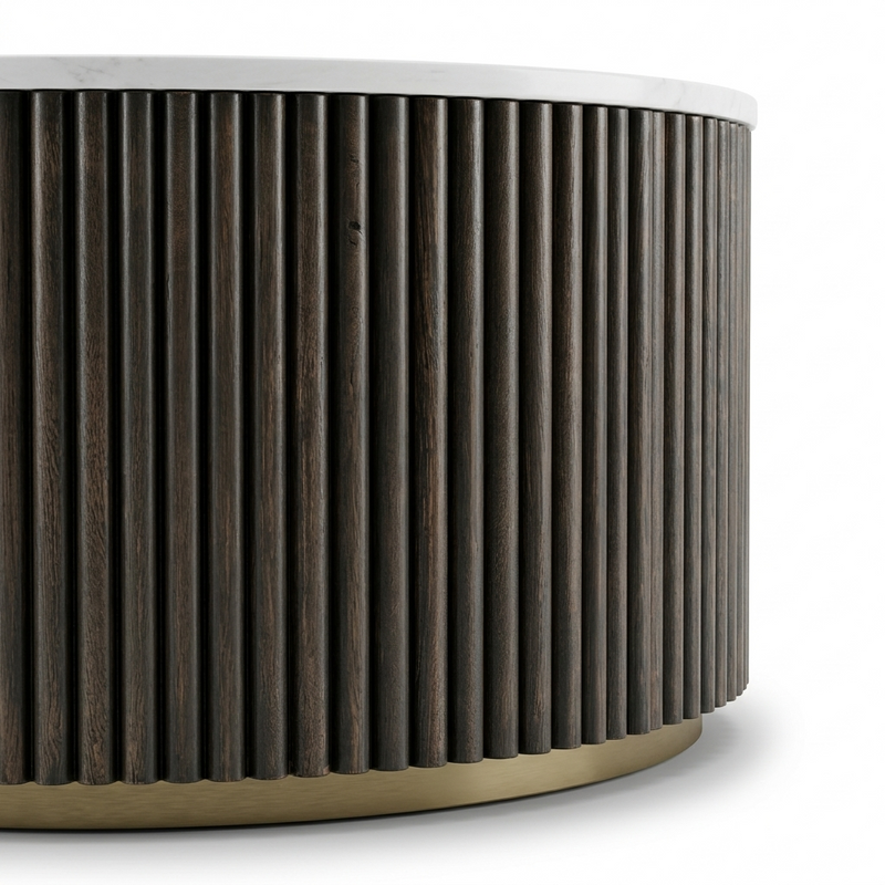Kelby Solid Wood Round Coffee Table with Fluted Base, Brass Finish & Marble Top