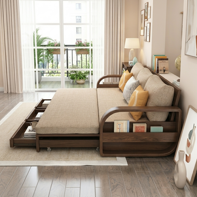 Modern Wooden Sofa Cum Bed with Storage Drawers & Side Book Shelves - Queen Size