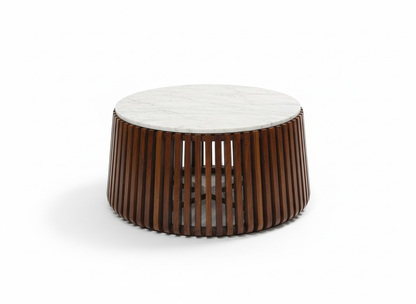 Sheesham Wood Coffee and Side Table Set with White Natural Marble Top, Set of 2