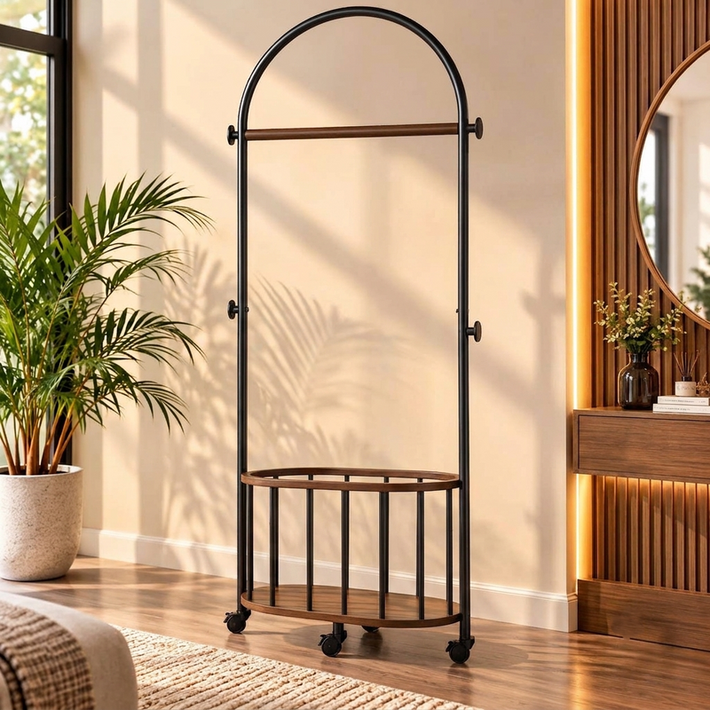 Avior Modern Arched Frame Garment Rolling Rack with Shelves & Wheels – Freestanding Clothes Organizer