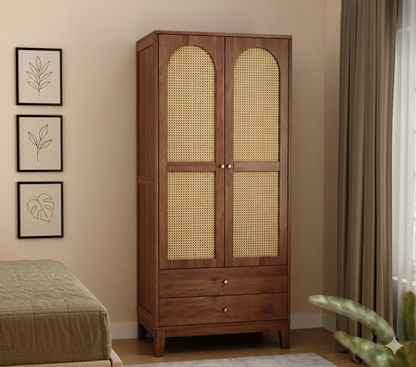 Suryavanshi Sheesham Wood Wardrobe with Cane & Brass Accent (Teak Finish)