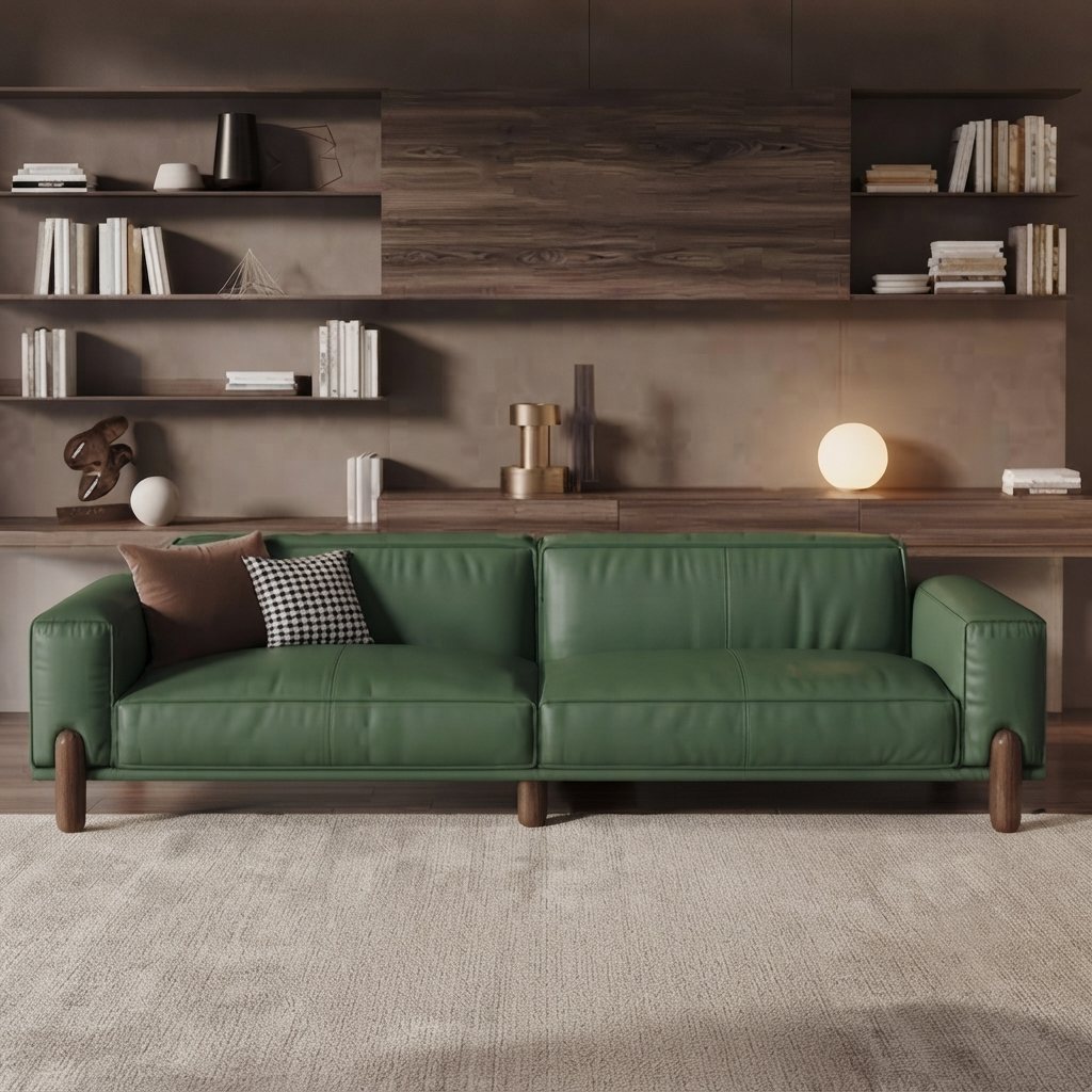 Emerald Luxe Pu Leather Olive Green Sofa – Modern Couch with Solid Wood