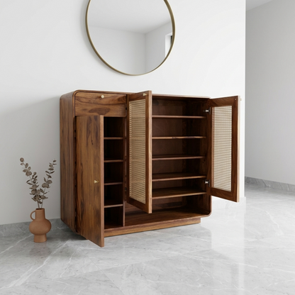 Grisa Sheesham Wood Shoe Cabinet With Cane Detailing