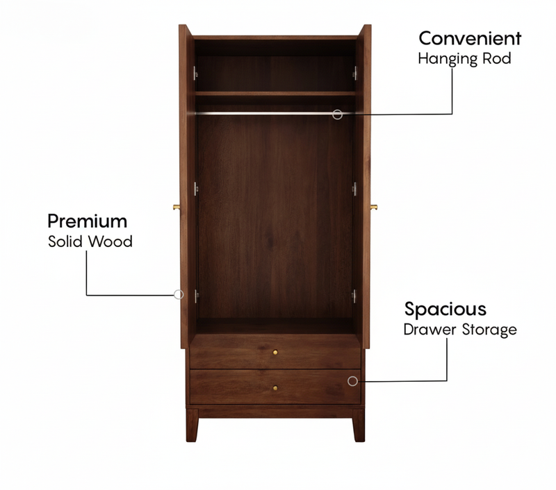 Suryavanshi Sheesham Wood Wardrobe with Cane & Brass Accent (Teak Finish)